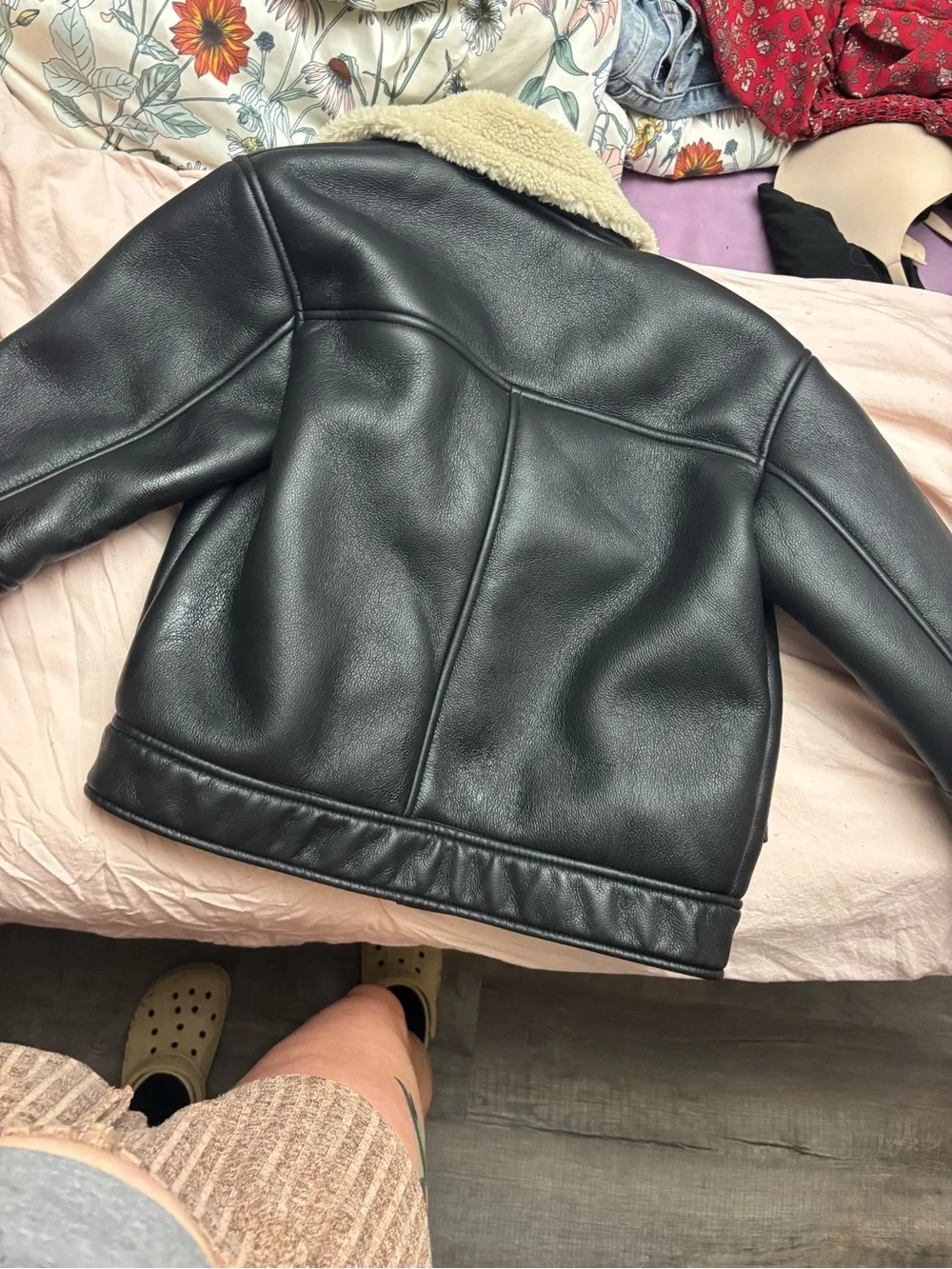 Zara Black Faux Leather Jacket with Cream Shearling Collar